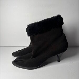 Winterset Fur Trimmed Suede Ankle Boots Women's Black Kitten Heel Size 7.5